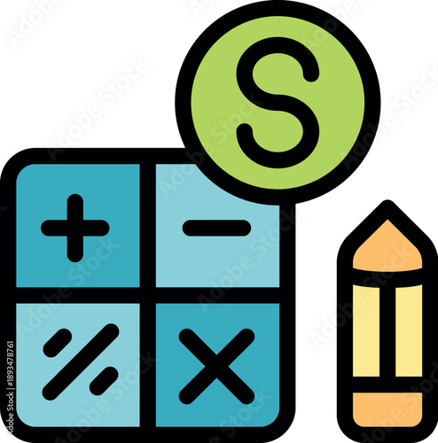 Calculator with basic math symbols, pencil and money symbol representing financial calculations, accounting, budgeting, and cost analysis
