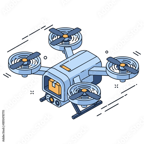 Illustration of a blue drone with four rotors and camera in detailed line art style. No editable stroke