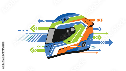Sleek motorcycle or racing helmet with colorful green, blue, and orange graphics and arrows for speed and performance.