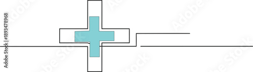 An Abstract, minimalist line drawing of a cross sign, with the center section shaded teal.  Line art illustration with a modern, simple aesthetic first aid sign. 