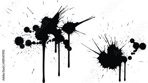 Abstract black ink splatter grunge texture with dripping paint stains isolated on white background artistic splash design illustration modern messy