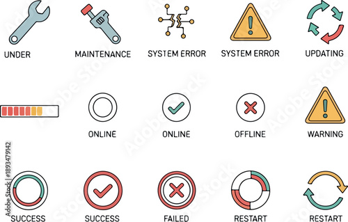 Set of status icons for system maintenance and updates including online, offline, and error alerts