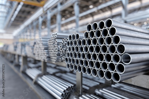 Industrial steel tubes in warehouse - metal pipes storage and supply
