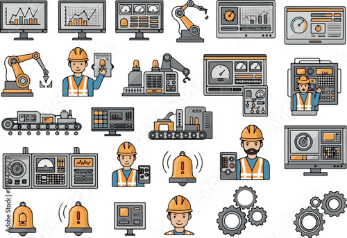 Industrial automation and technology concept with machinery, robots, and control panels
