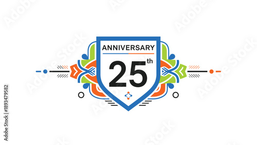 Twenty fifth anniversary celebration logo includes a blue shield with colorful geometric patterns and decorative ornaments.
