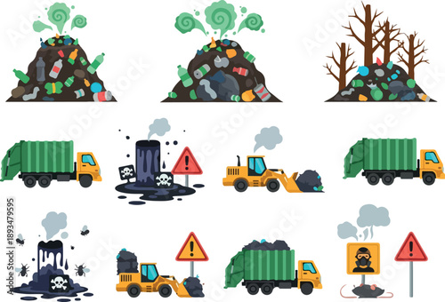 Illustrations of waste management and pollution from garbage and industrial sources