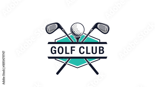 Golf club logo design features two crossed clubs and a ball on a tee inside a turquoise hexagonal frame with bold text.