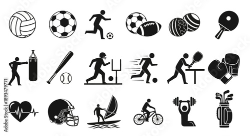Collection of sports icons featuring athletes and equipment in various actions and disciplines