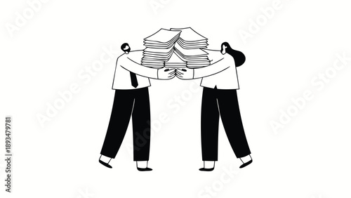 Two business professionals handing off layered documents in a teamwork gesture on a white background