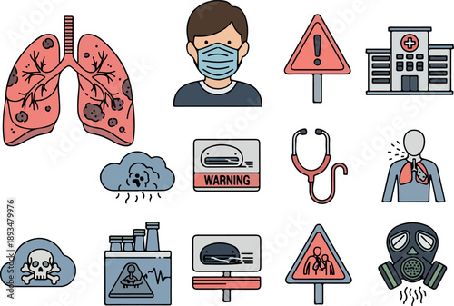 Health and Safety Icons Respiratory Illness, Medical Care, and Warning Signs
