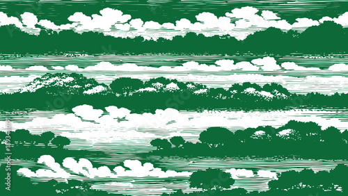 Hand-drawn Japanese-style landscape with green forest silhouettes and white clouds. Features detailed horizontal etching and woodblock textures for a vintage, serene botanical feel.
