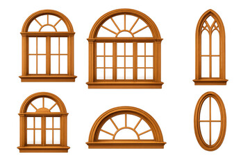Collection of vintage wooden windows with classic arched and oval designs, architectural frames on transparent background