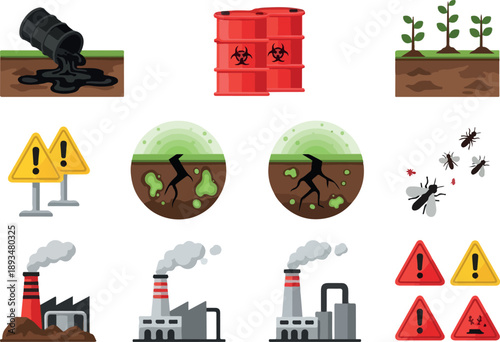 Illustrations depicting environmental pollution, industrial contamination, hazardous waste, and agricultural pesticides affecting nature and health