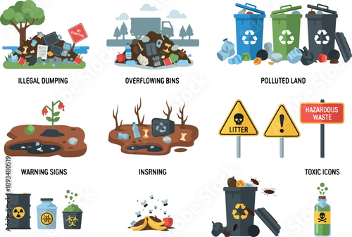 Environmental pollution and waste management illustration set depicting illegal dumping, overflowing bins, polluted land, warning signs, and toxic icons
