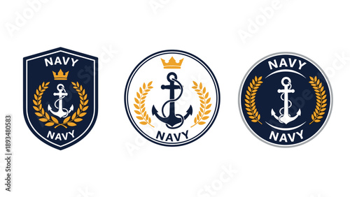 Set of three navy badges features an anchor with a crown and laurel wreath inside shields and circular frames.