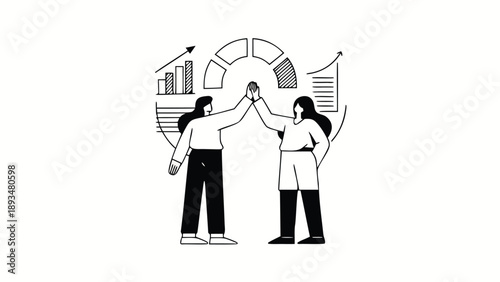 Two coworkers high fiving in a modern office setting with graphs and charts around them