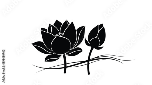 Silhouette of two lotus flowers with curved lines below them represents tranquility purity and spiritual themes.