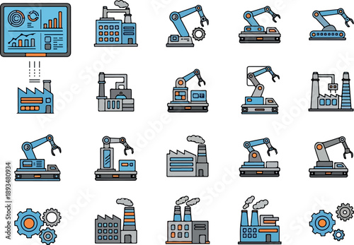 Modern factory automation and industrial robots with control panel illustration