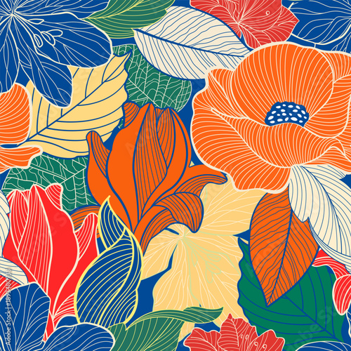 Exotic Floral Seamless Pattern with Flowers in Line Art Style. Cute Floral Outline Background. Botanical Design for Fabric, Textiles, Wallpaper or Wrapping Paper, Gift Paper. Vector Linear Print