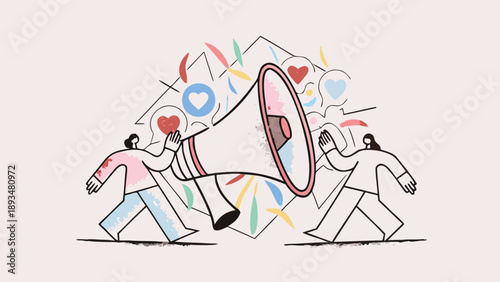 Two marketers pushing a large megaphone with social media symbols and hearts conveying teamwork and marketing strategy in a colorful flat vector illustration