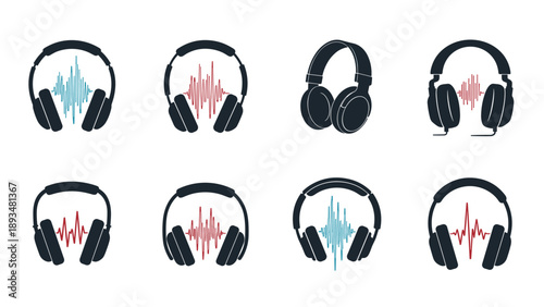 Set of eight headphone icons features different styles and sound wave patterns in blue and red against a white background.
