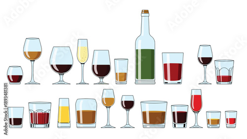 Large assortment of drinking glasses and a bottle includes wine glasses beer mugs and cocktail tumblers in two rows.