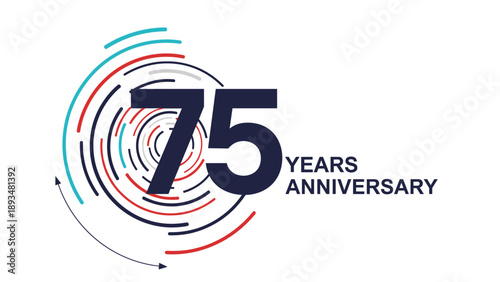 Seventy fifth anniversary logo features a large bold number 75 surrounded by dynamic concentric circular lines on white.