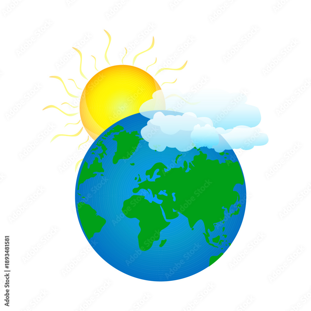 Naklejka premium Planet Earth with sun and clouds isolated on white background. Sunny weather forecast icon. World Environment Day symbol. Climate change, global warming, ecology.Global climate and weather sign.Vector
