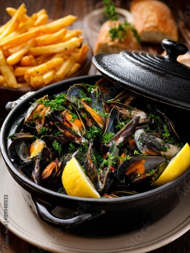 A black pot brims with steamed mussels garnished with fresh herbs and lemon wedges. Golden french fries accompany the classic Belgian moules-frites dish.