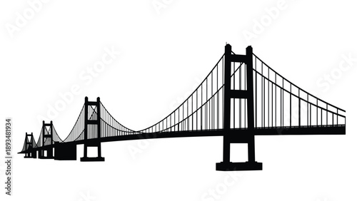 Large suspension bridge silhouette spanning across the frame against a clear white background representing engineering marvels and architecture.