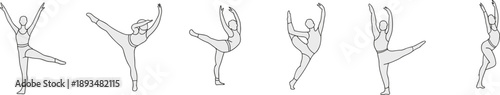 Ballet dancer outline illustration set showing graceful female dance poses in minimalist line art style, elegant movement figures for fitness, art, and creative design use