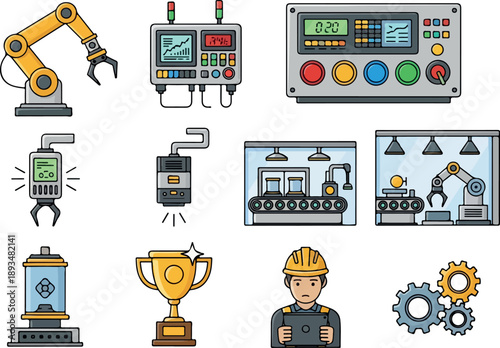 Collection of industrial automation and manufacturing technology icons, including robotic arms, control panels, conveyor belts, and factory workers