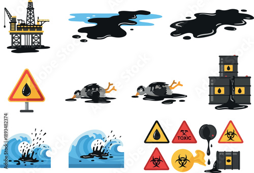 Environmental hazards oil spills, pollution, and toxic waste icons representing industrial and natural disasters impacting marine life and ecosystems