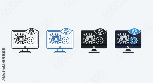 Computer monitors displaying various icons related to technology and computing, showcasing different screen designs and symbol representations.