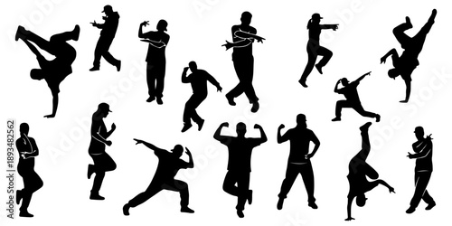Street dance and hip-hop silhouettes set featuring breakdancers performing urban dance moves, freezes, and dynamic poses isolated