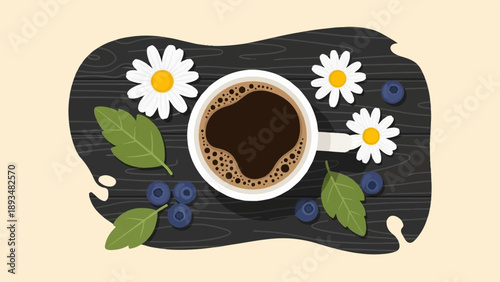 Cup of coffee with daisies and blueberries on a dark wooden tray