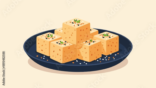 Cubes of spiced tofu arranged on a dark blue plate