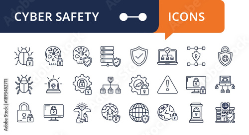 Cyber safety icons collection featuring security symbols and protection elements in a modern design style