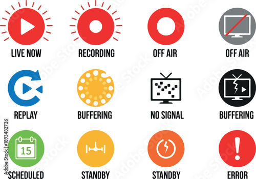 Collection of round icons representing live broadcast status, recording, playback, buffering, and error states