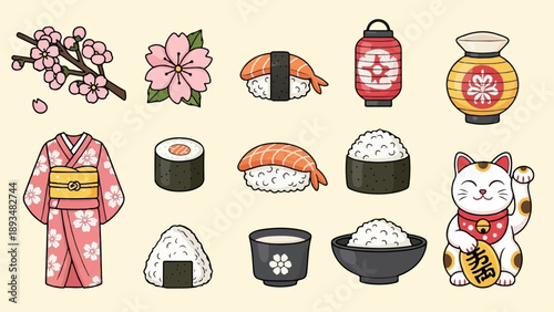 Cute Japanese cultural icons with sushi, flowers, and a lucky cat