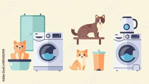 Cute cartoon pets and appliances on a light yellow background