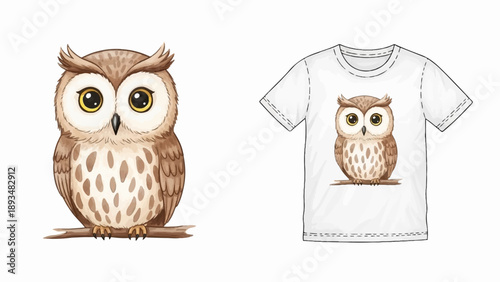 Cute cartoon owl perched on a branch, next to a white t-shirt with the same design