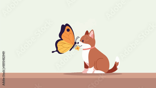 Cute cartoon puppy sits attentively as an orange butterfly lands gently on its nose