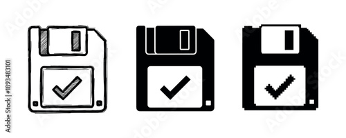 Retro floppy disk icons with checkmarks in various styles