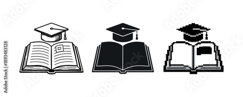 Graduation cap on open books in three artistic styles