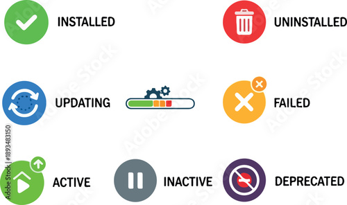 Status Icons Collection Installed, Updating, Failed, Active, Inactive, and Deprecated Software and System Indicators