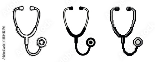Three stethoscope illustrations: sketch, realistic, and pixel art styles