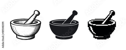 Three styles of mortar and pestle: sketch, solid, pixel art variations