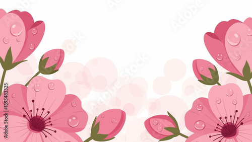 Delicate pink flowers adorned with sparkling water droplets and soft bokeh effects