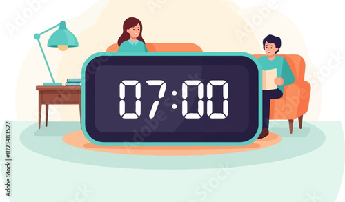 Digital clock displays 0700 with a woman and man in a cozy room